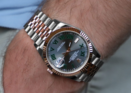Two toned Rolex with Grey dial and Green Roman numerals