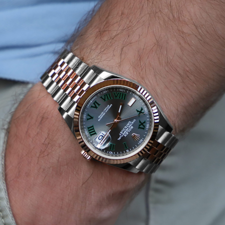 Two toned Rolex with Grey dial and Green Roman numerals