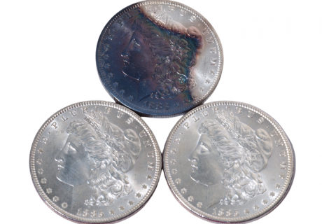 3 toned coins Morgan silver dollars