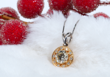 Diamond solitaire necklace on white fur with berries best christmas gift for the ladies