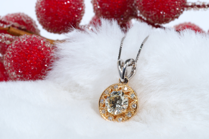 Diamond solitaire necklace on white fur with berries best christmas gift for the ladies