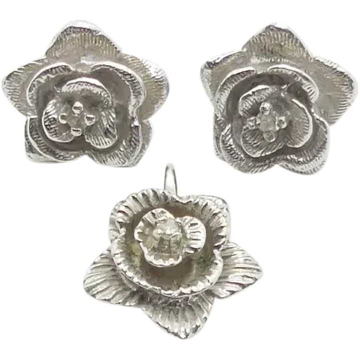 Flower Earrings and Pendant Set  .06 ctw Diamond 14K White Gold