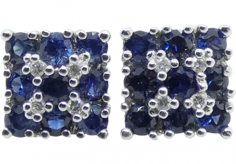 1.48 ctw Blue Sapphire & Diamond Square Cluster Earrings 14K White Gold