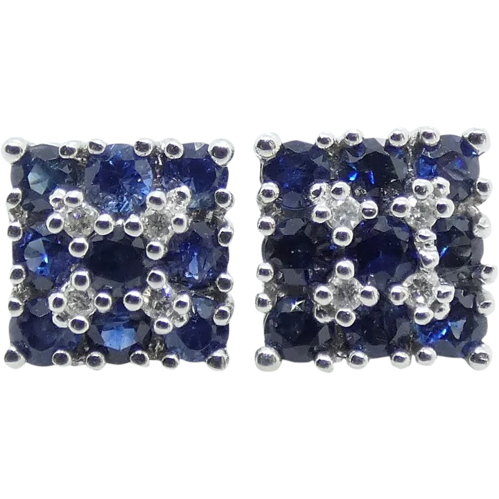 1.48 ctw Blue Sapphire & Diamond Square Cluster Earrings 14K