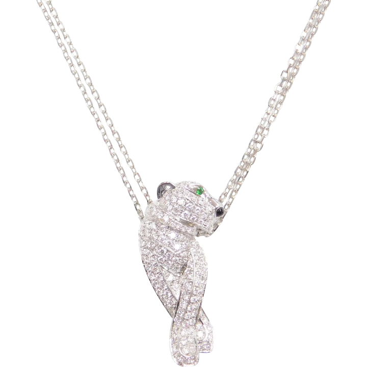 1.57 ctw Diamond, Emerald and Onyx Panther Necklace 18k White Gold