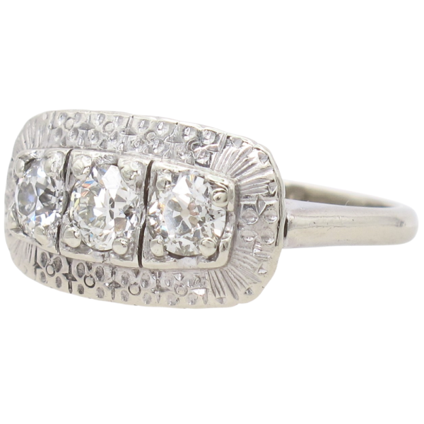 1.22ctw Three Diamond Mid-Century Ring 14K White Gold Side (1)