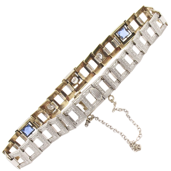 1.39ctw Diamond & Sapphire Art Deco Bracelet 14K & Platinum Back
