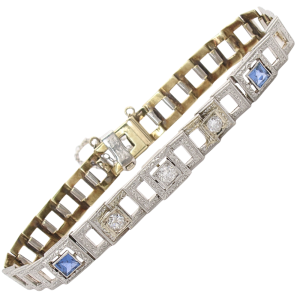 1.39ctw Diamond & Sapphire Art Deco Bracelet 14K & Platinum Front