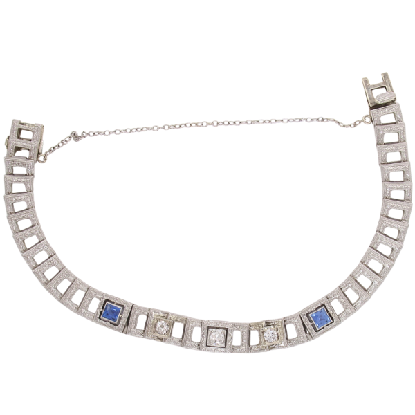 1.39ctw Diamond & Sapphire Art Deco Bracelet 14K & Platinum Layed Out