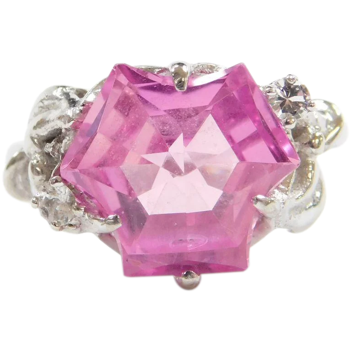10K White Gold Fantasy Cut Pink Sapphire and White Spinel Ring