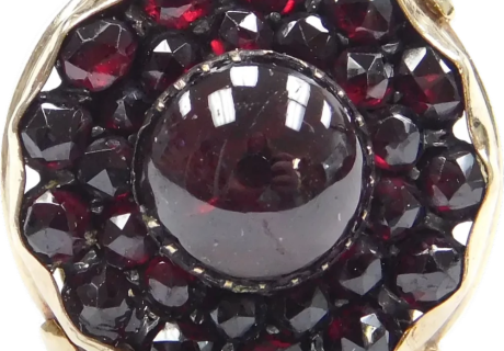 11.85ctw Bohemian Garnet Double Halo Victorian Ring 14k Yellow Gold front