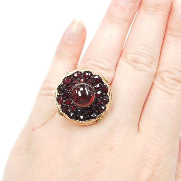 11.85ctw Bohemian Garnet Double Halo Victorian Ring 14k Yellow Gold worn