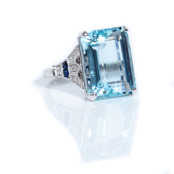 12.60 Carat Aquamarine Set in 14k White Gold 0.36 ctw Sapphire & Diamond Art Deco Inspired Ring (2)