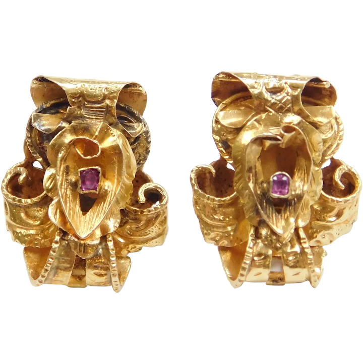 Art Nouveau Ruby Stud Earrings 14k Gold