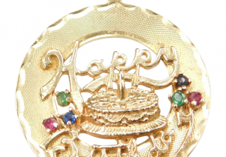 14k Gold Big Happy Birthday Charm with Ruby