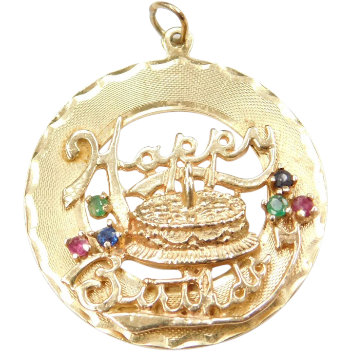 14k Gold Big Happy Birthday Charm with Ruby, Emerald and Sapphires