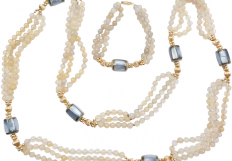 14k Gold Blue Mother of Pearl and Chalcedony Long Necklace and Bracelet Set