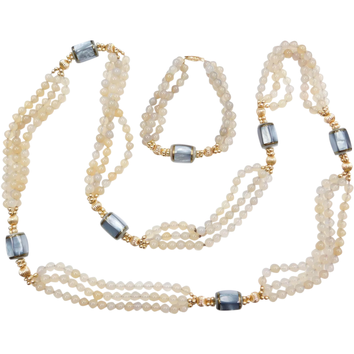 14k Gold Blue Mother of Pearl and Chalcedony Long Necklace and Bracelet Set