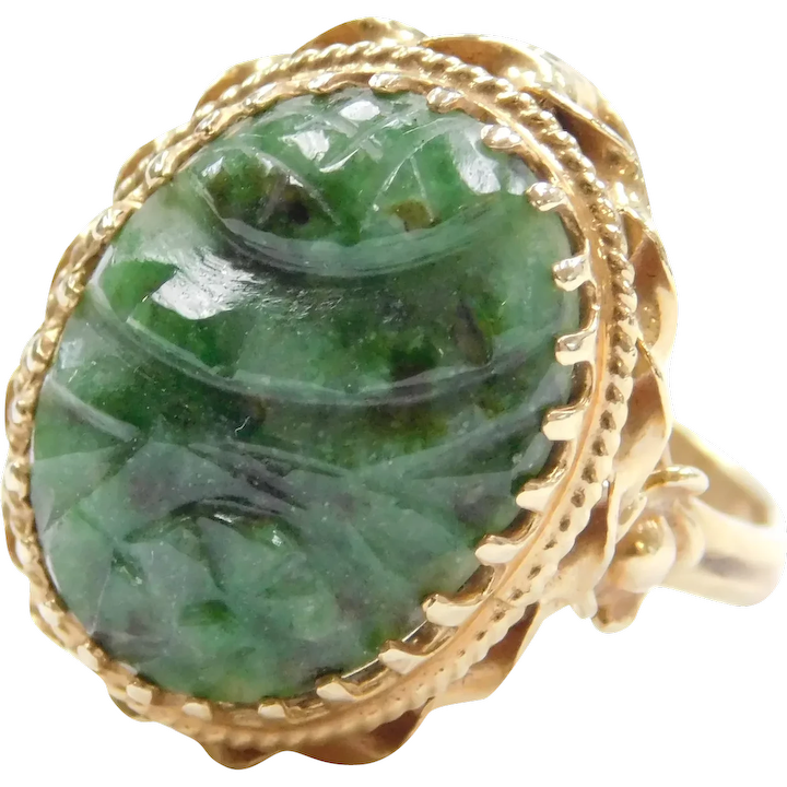 14k Gold Carved Jade Ring Circa 1950’s