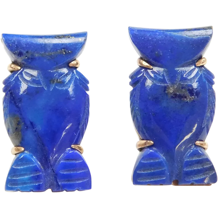 14k Gold Carved Lapis Lazuli Owl Stud Earrings