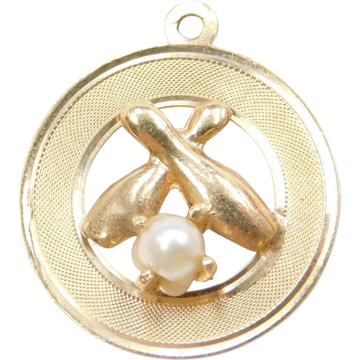 14k Gold Cultured Pearl Bowling Pins Charm