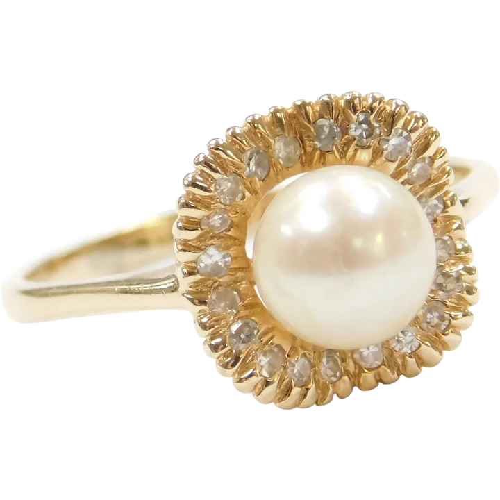 14k Gold Cultured Pearl and Diamond Halo Ring