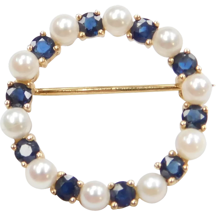 14k Gold Cultured Pearl and Sapphire Circle Pin / Brooch