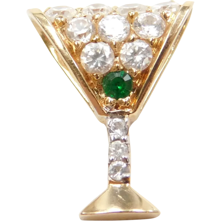 14k Gold Faux Diamond and Created Emerald Martini Glass Charm / Pendant