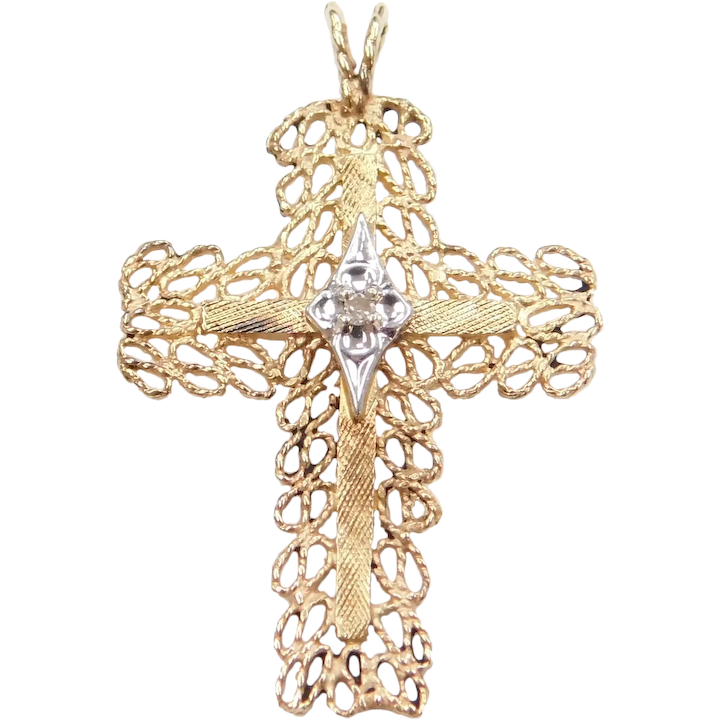 14k Gold Filigree Cross with Diamond Accent Pendant