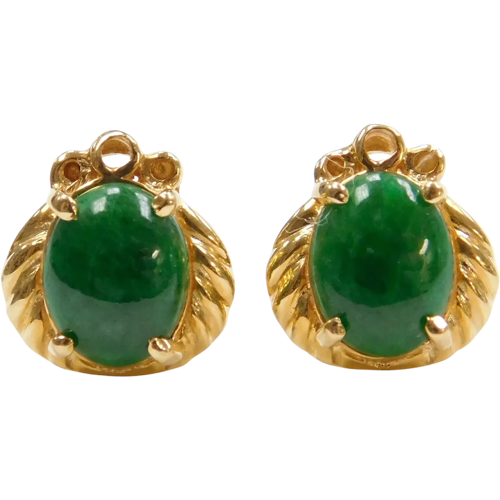 14k Gold Green Jade Stud Earrings