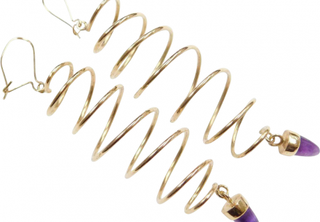 14k Gold Long Fun and Funky Amethyst Spiral Twist Earrings