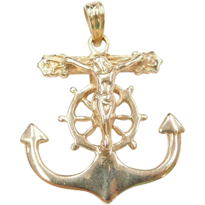 Gold Mariners Cross Pendant – Anchor, Crucifix, Ships Wheel