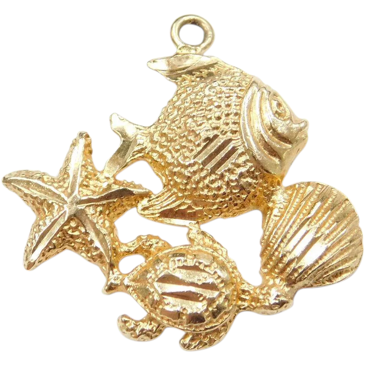 14k Gold Nautical Sea Life Charm ~ Fish, Starfish, Shell and Turtle