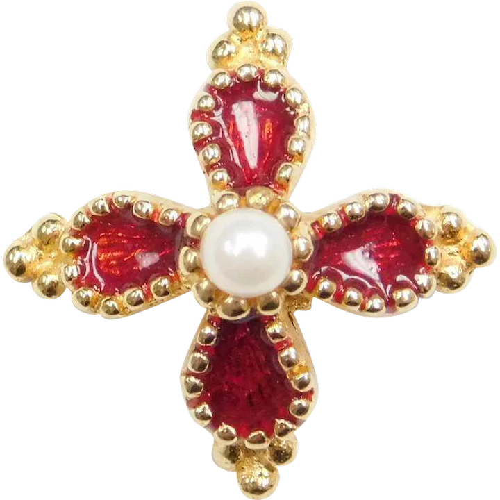 14k Gold Red Enamel and Cultured Pearl Pendant / Charm