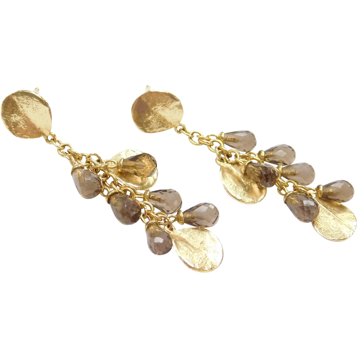 14k Gold Smoky Quartz Leaf Dangle Earrings