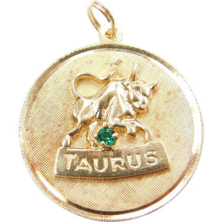 14k Gold Taurus Zodiac Charm with Faux Emerald