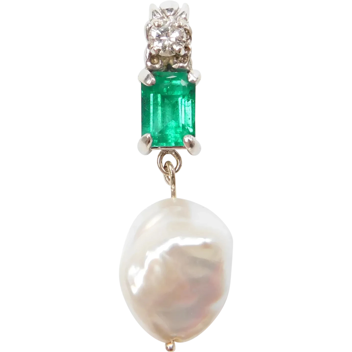 14k White Gold 1.40 ctw Natural Emerald, Diamond and Baroque Pearl Pendant