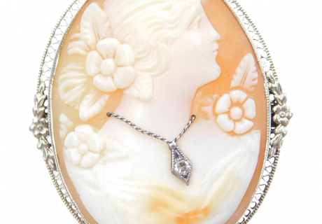 14k White Gold Floral Cameo Pendant / Brooch with Diamond Accent