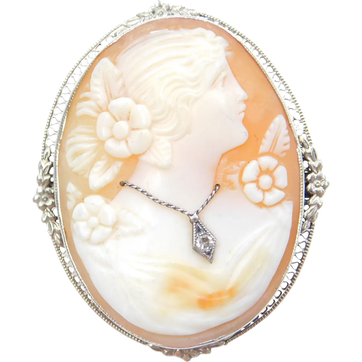 14k White Gold Floral Cameo Pendant / Brooch with Diamond Accent