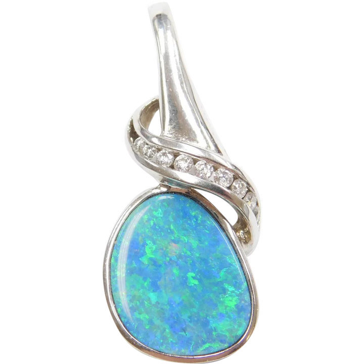 14k White Gold Natural Opal and Diamond Pendant