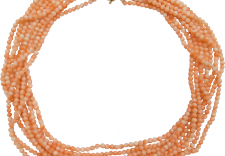 16″ Angel Skin Coral 8 Strand Bead Necklace 14k Gold