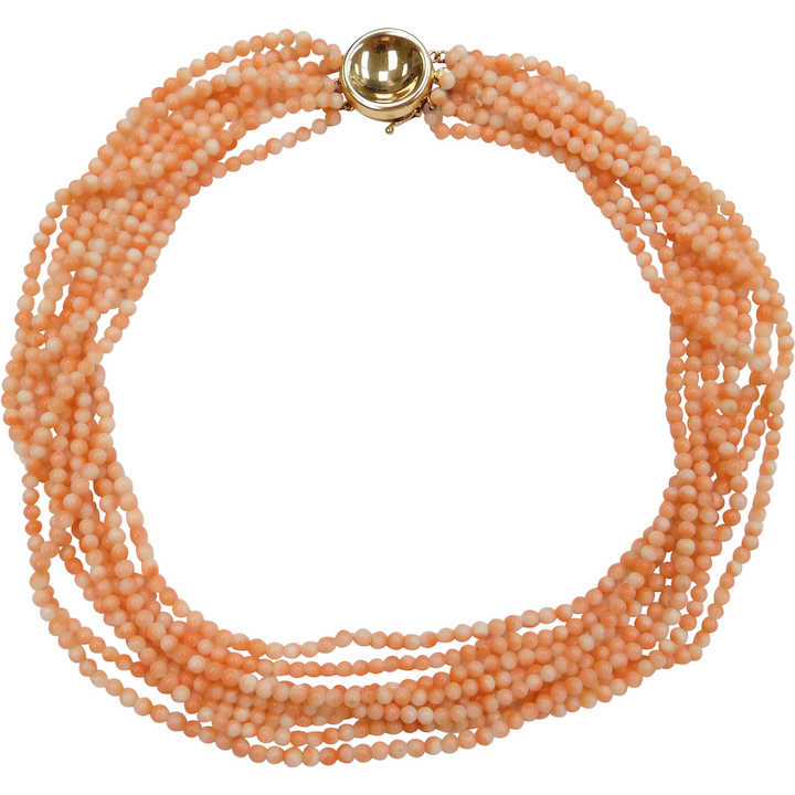 16″ Angel Skin Coral 8 Strand Bead Necklace 14k Gold