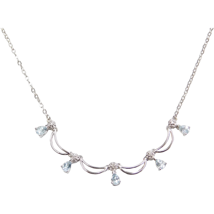 17 1/2″ .85 ctw Aquamarine and Diamond Necklace 14k White Gold