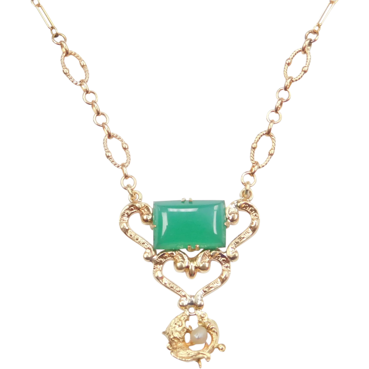 Chrysoprase and Freshwater Pearl Ornate Koi Fish Necklace