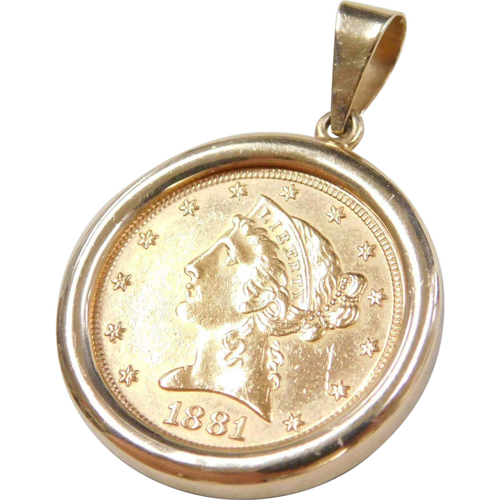1881 US Gold Liberty Coin Pendant Vintage 14k Gold and 22k Gold