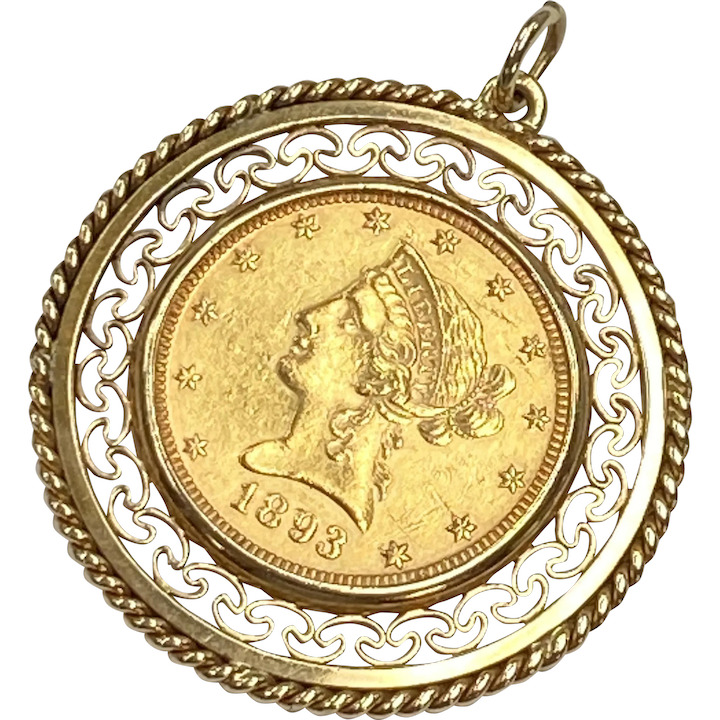 1893 US Gold Coin $10 Liberty Head Pendant in Decorative 14K Gold Frame