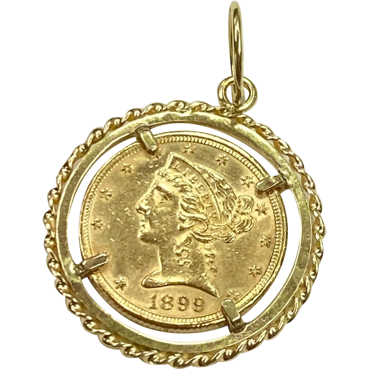 1899 US Gold $5 Half Eagle Coin Pendant in 18K Gold Decorative Frame