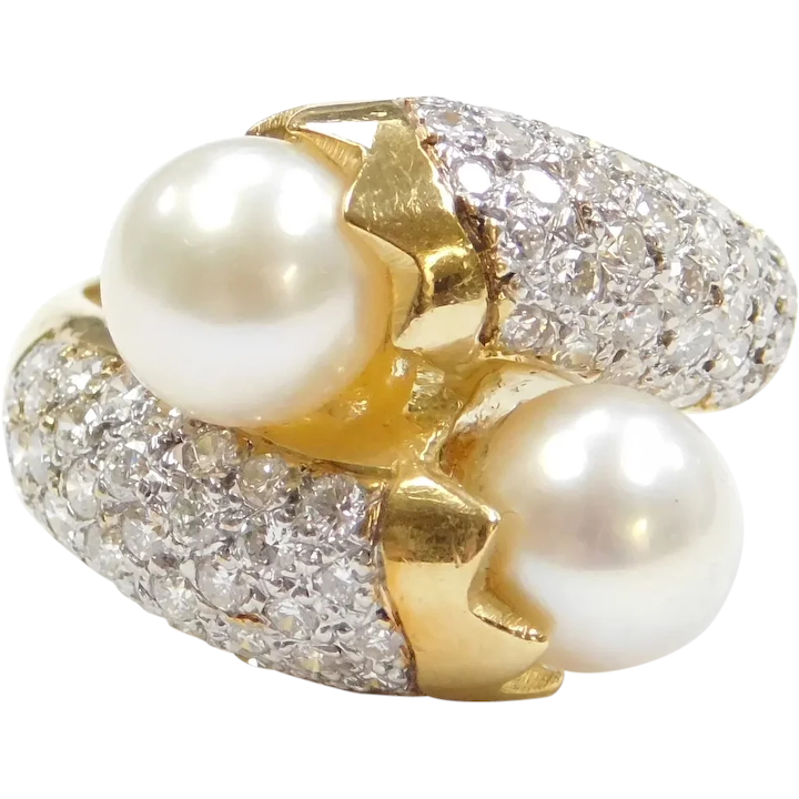 18k Gold 1.36 ctw Diamond and Cultured Pearl Bypass Ring