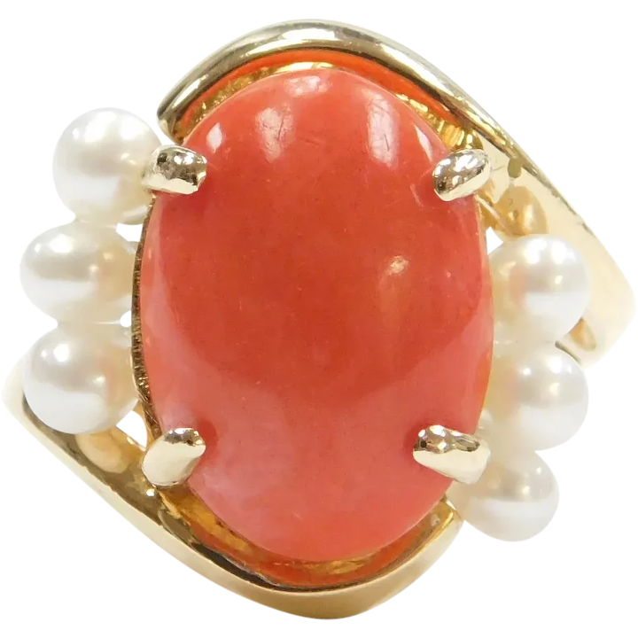 18k Gold Coral and Cultured Pearl Ring