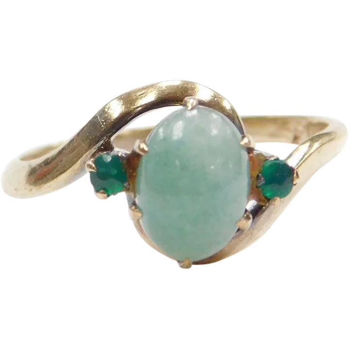18k Gold Jade and Faux Emerald Ring